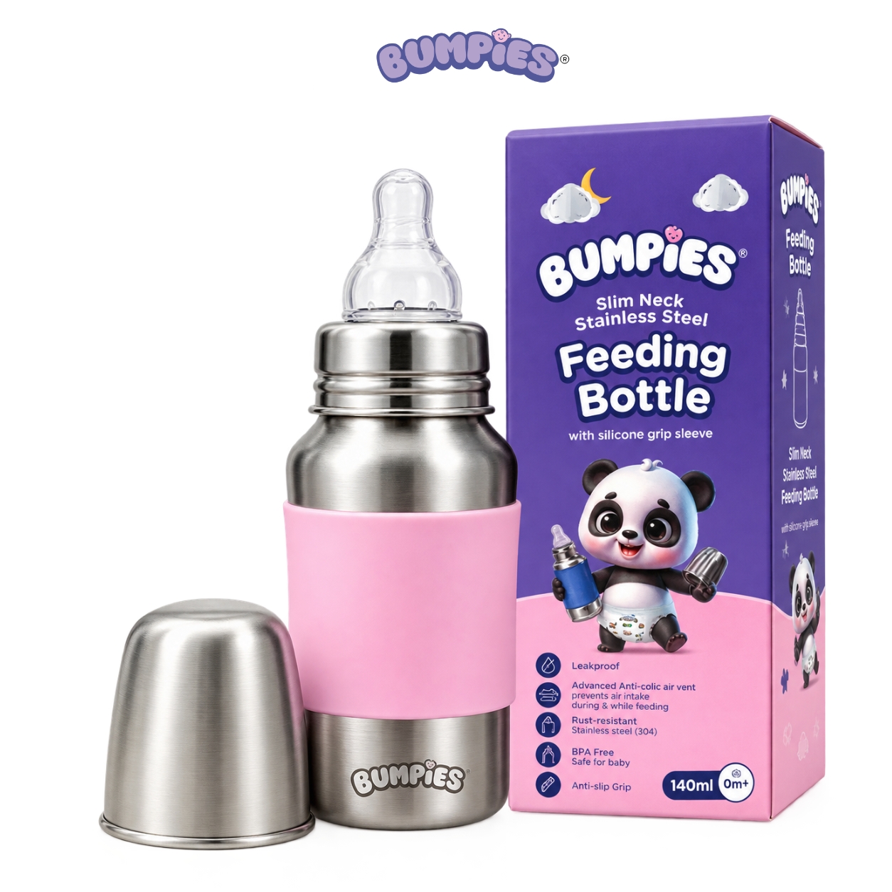 Stainless Steel Baby Feeding Bottle 140ML | S Size Nipple | 0+ Months | Silicone Grip for Better Holding | Anti-Colic Nipple | Safe & Durable | Easy to Clean